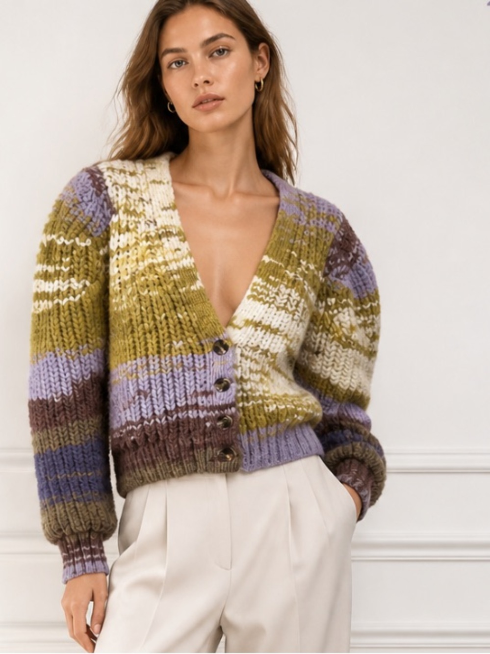 MOON RIVER Anthropologie Chunky Cardigan Sweater Boho Fuzzy Purple Green XS